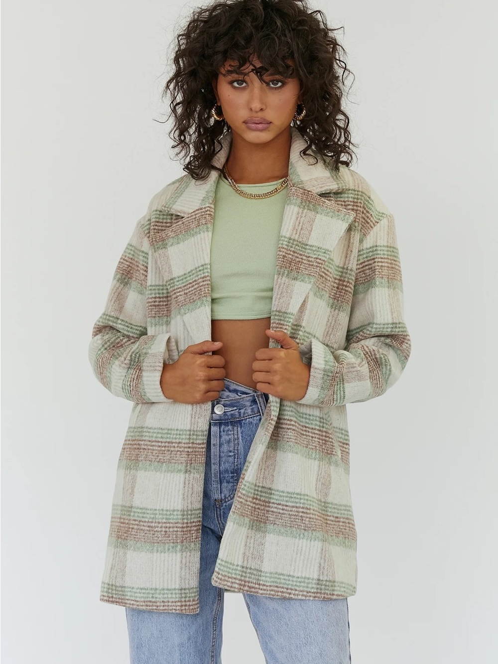 Princess Polly Cream Plaid Pea Coat with Green & Brown Stripes